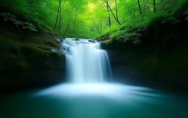 日本の森林にある穏やかな滝、周囲の緑に囲まれて