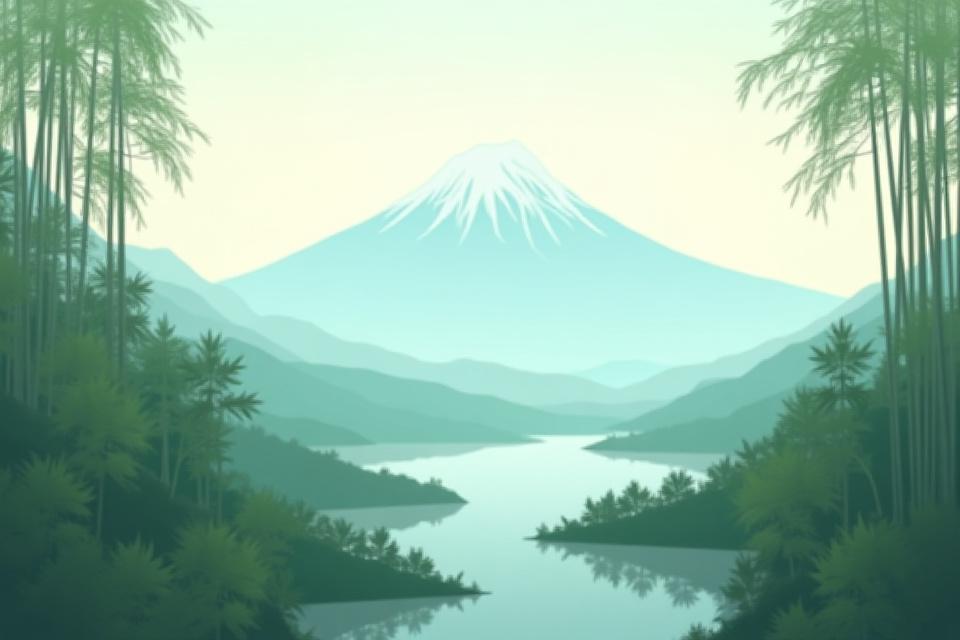 日本の美しい風景の写真。著作権表示とKaze Ridgeのロゴが透かしのように入っている。